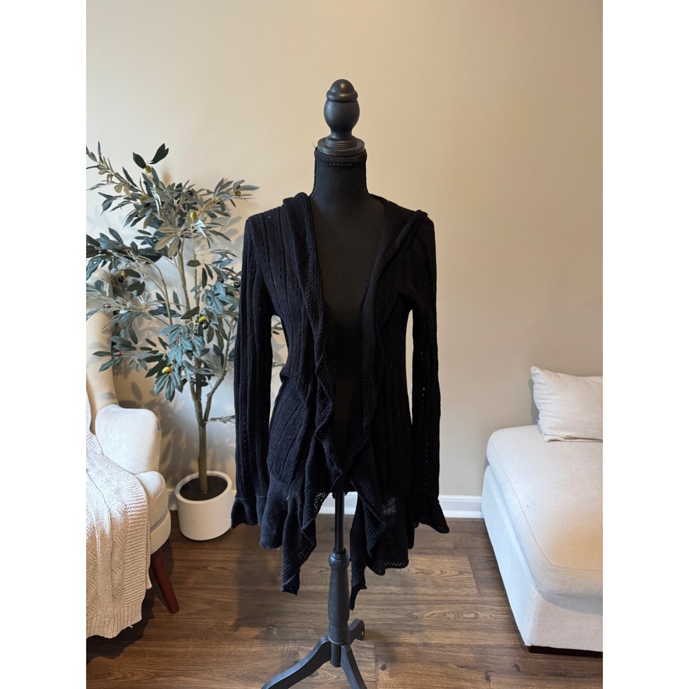 Belldini Black Pointelle Knit Ruffle Waterfall Open Front Hooded Cardigan M